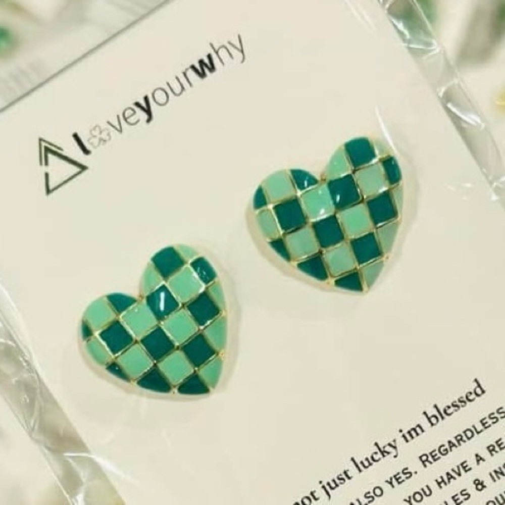 Green Plaid Checkered Heart Statement Earrings Lightweight Everyday Studs